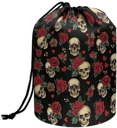 chaqlin Skull Rose Travel Cosmetic Bags Barrel Makeup Bag,Women Girls Portable Foldable Cases Multifunctional Toiletry Bucket Bags Round Organizer Storage Pocket