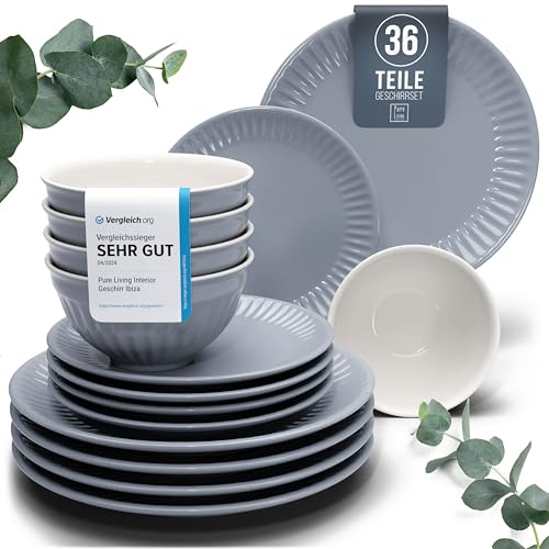 Steingut Geschirrset 12 Personen Hygge 36 tlg. TESTSIEGER, Traumhaftes Skandinavisches Steingut Geschirr Set, Schüssel- und Teller Set, Tafelservice 12 Personen, Geschirrsets Pure Living in Graublau