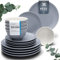 Service de vaisselle en grès pour 12 personnes HYGGE 36 pièces - Design scandinave élégant - Set de bols et assiettes - Service de table pour 12 en design strié - Pure Living bleu gris