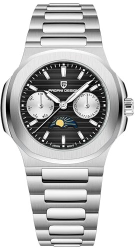 TYBERLEY Lusso Donna Orologio al quarzo Cronografo Multifunzionale Fasi Lunari Movimento VX3H Completo Acciaio Inox Impermeabile Luminoso Elegante Donna Sport Orologio da Polso (NERO)