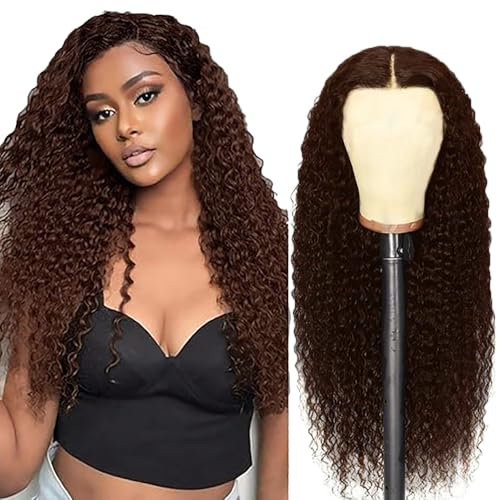 AiPliantfis Glueless Wig Human Hair Wig Echthaar Perücke Damen Curly Wave Perücke Damen Echthaar #4 Chocolate Brown 4x1 Lace Natural Hairline with Baby Hair Minimal Smell 30 Zoll