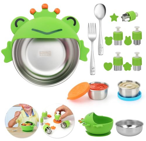 Csgood Kinder Geschirrsets, 10 teilig Kinderbesteck Set einbeziehen Gabel, Löffel, Salatdressing Behälter, Ausstechformen, Kinder Schalen(Kleiner Frosch)