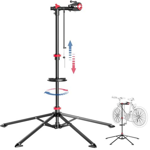 KARAT - Pied de montage vélo - Support de réparation vélo jusqu'à 30 kg - Pied d'atelier avec plateau à outils, Pivotant, Pliable, Hauteur réglable - 128 L x 128 l x 113,5 - 193 H cm Noir-Rouge (Lois)