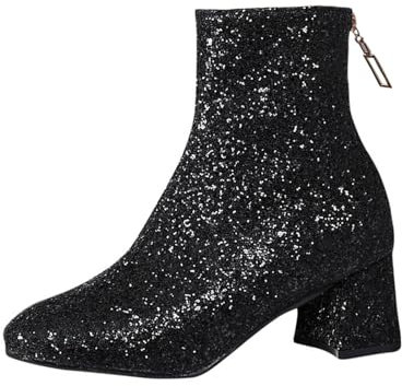 Wyongtao Damen Chunky Heels Ankle Boots Glitzer Stiefeletten mit Blockabsatz und Reißverschluss 6cm Absatz Pailletten Schuhe Stiefeletten mit mittelhohem Blockabsatz Party, Abschlussball