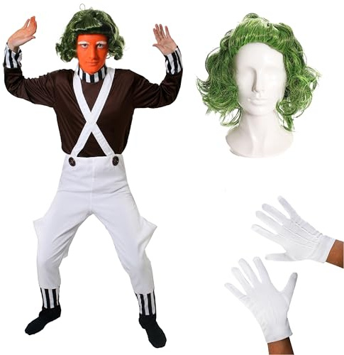 Schokoladenfabrik Arbeiter-Kostüm für Herren, groß, braunes Oberteil, weiße Latzhose, weiße Handschuhe und grüne Perücke, Erwachsenenkostüm Buchwoche, Weltbuchtag