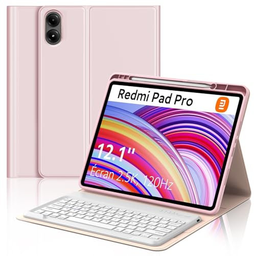 SENGBIRCH Cover Tastiera per Redmi Pad Pro 12.1 2024 - AZERTY Francese Tastiera Staccabile Senza Fili Bluetooth, Custodia con Slot per Penna per Xiaomi Pad Poco 12.1, Rosa Chair