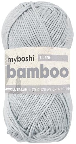 myboshi Bamboo, natürlich weiches Bambus-Baumwollgarn, zum Häkeln und Stricken, strapazierfähig, 50g, 125m, Grau (Silber), 1 Knäuel