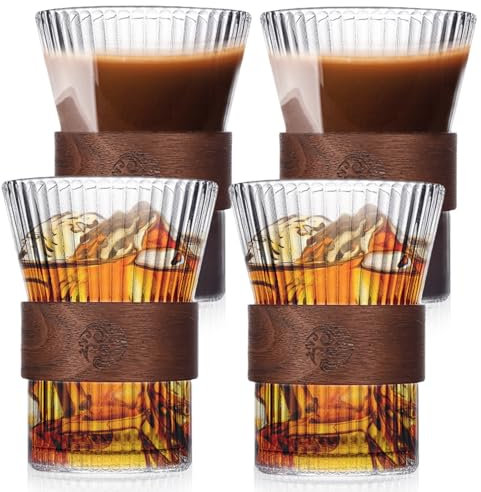 4 Stück 300ML Latte Macchiato Gläser Set, Streifendesign Glasgläser, Espressotassen mit Verbrühungssicherer Getränkehalter aus Holz, Tasse Cappuccino Tassen für Cappuccino Tee Eis Milch