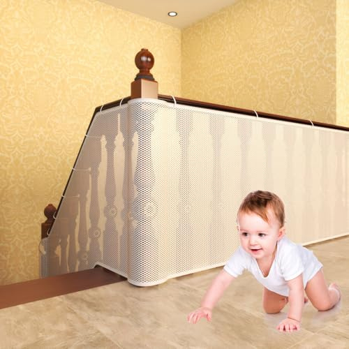 Child Safety Gate Net 300×78cm Stairway Railing Fence Mesh Protection Net, With Long Jump Belt and Nylon Rope, Easy to Clean, Suitable for Children, Babies, Toys, Pets (White)