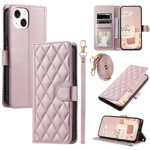 Crossbody Lanyard Case for iPhone Xs Max,with Adjustable Strap Neck Cord Necklace, Wrist Strap, Kickstand, Magnetic Closure, Shockproof Protective Soft Leather Flip Cover,Rose Gold