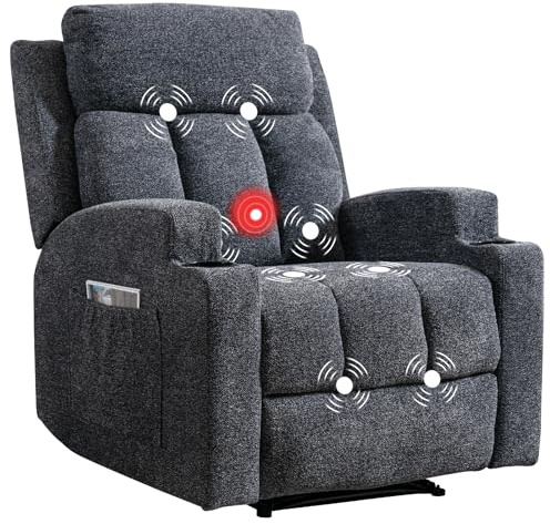 CANMOV Manual Recliner Chair with Massage and Heat, Soft Fabric Recliner Chair with Overstuffed Arm and Back, Manual Reclining Single Sofa with 2 Cup Holders, Side Pocket for Living Room, Dark Grey
