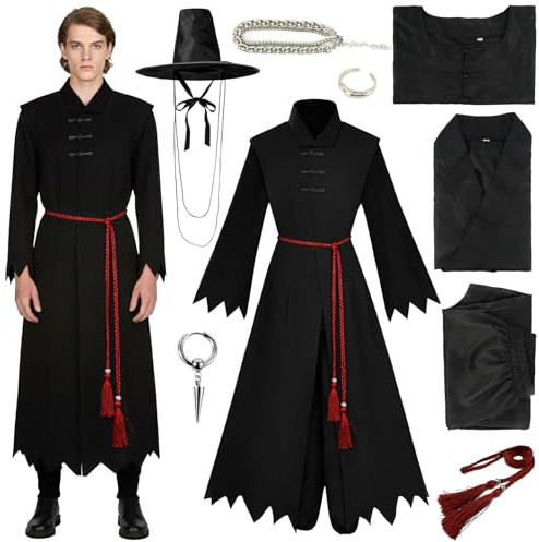 Disfraz Carnaval para Hombre, Disfraz Cosplay Adultos con Camisa, Pantalones, Capa, Sombrero y Accesorios a Juego, Atuendo Oscuro y Misterioso para Halloween Carnaval Fiestas Temáticas Disfraces