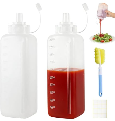 Geoyien Quetschflasche, Saucenflasche, 2 Stück Squeeze Flasche, mit Etiketten und Reinigungsbürsten, Geeignet für Grillsauce, Tomatensauce, Geschmackssaft, Sirup, Salatsauce (1000ml)