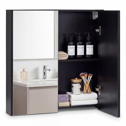 Multigot Bathroom Mirror Cabinet(Double Door, Black) | Wall Mounted Storage Cupboard with Shelf, Living Room Display Organizer Unit