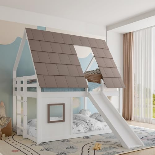 Sweiko Lit Mezzanine Cabane Enfant en Pin 140x200 cm avec Toboggan, Blanc | Lit 2 Places, Toit en Tuiles, Échelle, Barrières de Sécurité, Sommier à Lattes, sans Matelas