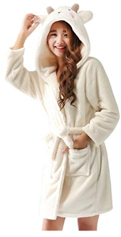 CuteOn Unisex Couple Womens Mens Cartoon Animal Coral Fleece Hooded Wrap Dressing Gown Housecoat Bathrobe Cosplay Sheep Medium