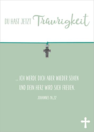 Glücksschmiedin - Traurigkeit Trost Geschenk, Wunscharmband in TÜRKIS mit silberfarbenem KREUZ-Anhänger und Beileidskarte, handgefertigt