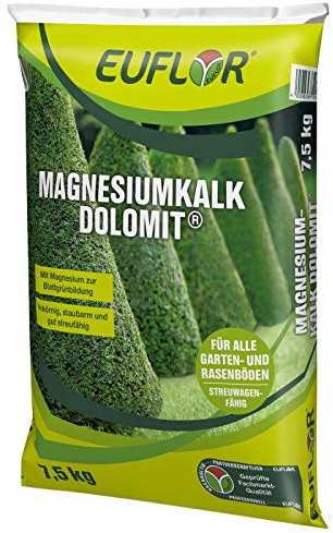 Euflor Magnesiumkalk Dolomit 7,5kg•Magnesiumkalk 95 (60% CaCO3+35% Mg CO3)•Erhaltungskalkung und Magnesiumversorgung von Gartenböden und Rasen • Wirkt nachhaltig•Feinkörnig, streufähig und staubarm