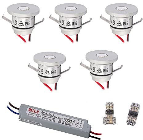 VBLED® Lot de 5 mini spots encastrables 1 W - Mini spot IP65 blanc chaud avec transformateur LED 12 W 12 V CC - IP67 (extensible jusqu'à 10 LED) [Classe d'efficacité énergétique A++]