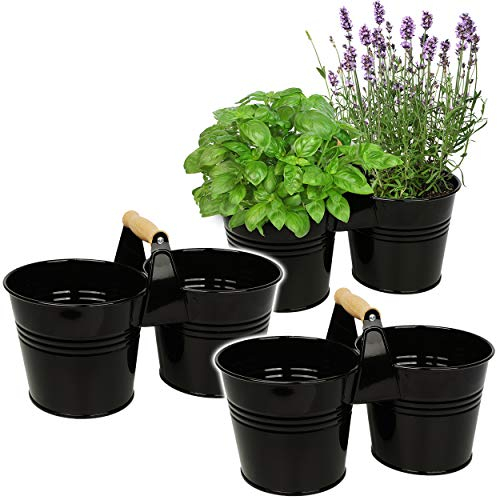 alles-meine.de GmbH Design - doppelter 2er - Blumentopf/Pflanzkübel/Pflanzschale - Metall - mit Holzgriff/Henkel - schwarz - 34 cm - RUND - frostsicher - MITTEL groß - Eime..