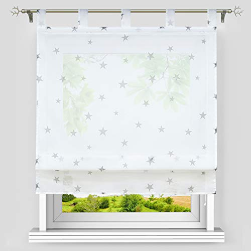 Heichkell Voile Raffrollo Sterne Muster Transparente Raffgardine mit Schlaufen Sterne Schlaufenrollo Kinderzimmer Vorhang BxH 100x140cm Weiß-Grau