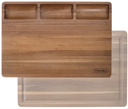 Viking Culinary Wendbares Metzgerblock-Vorbereitungs- und Tranchierbrett, 50,8 cm, inklusive 3 integrierten Fächern und Saftrille, hergestellt aus Akazienholz