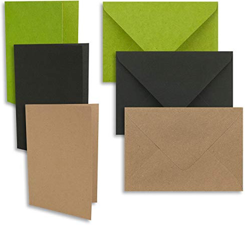 30x Kartenpaket DIN A6 / C6 Vintage Kraftpapier in Schwarz, Hellgrün, Sandbraun - Faltkarten mit Falz A6 10,5 x 14,8 cm & Umschläge C6 11,4 x 16,2 cm - Für Einladungen und Grußkarten