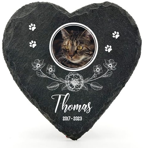 Individueller Personalisiert Herzform Tiergrabstein Schiefer Gedenkstein für Hund, Katze und andere Haustiere Tiere - Größe | 10 x 10 cm | - Blumen und Foto