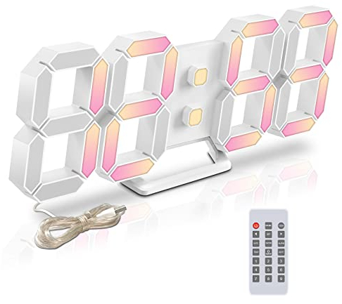 Deeyaple LED Wanduhr Digital Wecker 3D Uhr Dimmbar Snooze USB 12/24Stunden Datum Temperaturanzeige Fernbedienung Nachtlicht Wohnzimmer Küche Schlafzimmer Büro 25cm (Bunt)