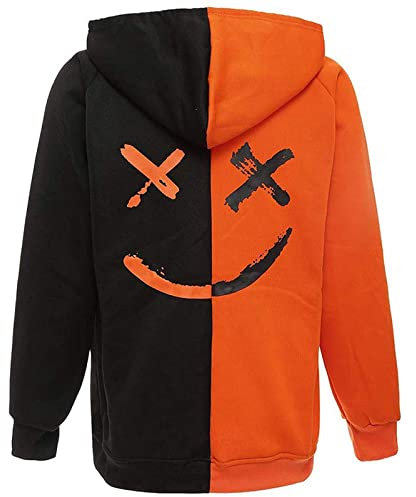 Covisoty Sweat à Capuche Homme Techwear Patchwork de Couleur Contrastée Sweatshirt Pull à Capuche Hip Hop Décontracté Orange Noir 2XL