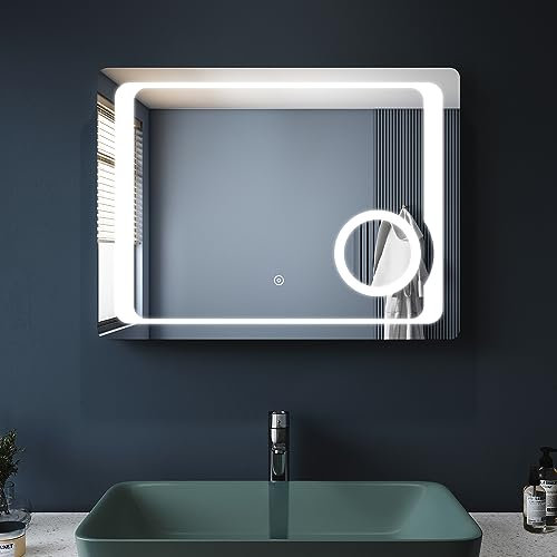 SONNI Espejo Baño con Luz Aumento Antivaho 80x60 cm Espejo Baño LED Pared con Interruptor Táctil y Enchufe Incorporado