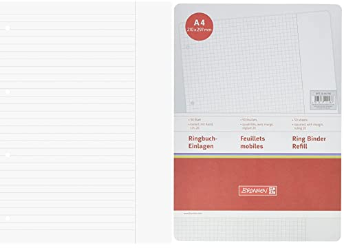 Brunnen 1066945 Ringbucheinlagen A4 (liniert mit Rand, Lineatur 25, 100 Blatt, 70 g/m²), weiß & 1066918 Ringbucheinlagen (A4, kariert mit Rand, Lineatur 26, 50 Blatt, 70 g/m²), weiß
