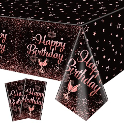 QUERICKY 2 Paquets de nappes Or Rose Happy Birthday, 130 x 220cm Noir et Or Rose Rectangle pour Les Femmes, Les Filles et Les Fournitures de décoration de fête d'anniversaire