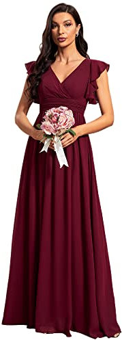 Ever-Pretty Women Dresses Bridesmaid Wedding Guest Dress Elegant Chiffon A-Line Ruffles Sleeve Burgundy 16UK