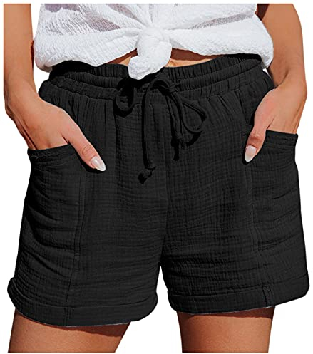 Damen Shorts Sommer Mode Lässige Musselin Hose mit hoher Taille Gerades Bein Sport Lässige Lockere Shorts mit Kordelzug Kurze Hose mit Taschen Gummiband Freizeit Shorts Elastische Stoffhose