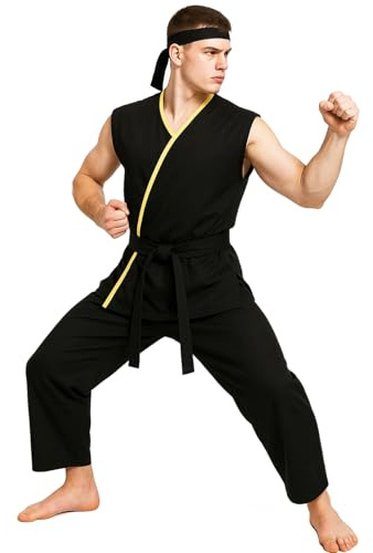 ZIFUNMUR Adult Men Costume Karate Gi Sleeveless Uniform Halloween Cosplay Tunic Shirt Pants Outfit Suit With Black Headband Belt (Black, XX-Large)