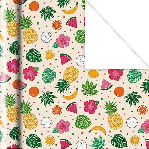 Aloha Floral Hawaiian Luau Wrapping Paper, Pitaya Pineapple Orange Banana Watermelon Lemon Summer Fruit Floral Leaves Tropical Themed Wrap Paper Sheet for Gift Wrapping,Aloha Hula Party Craft Supplies