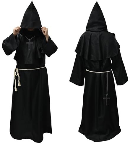 Faburo Robe Mönch Kostüm Herren mit Kapuze und Kreuz, Mönch Priester Kostüm Gewand Mittelalter Renaissance für Halloween Karneval, Hooded Mönchskutte Halloween-Kostüm Herren Cosplay Mönchskostüm (M)
