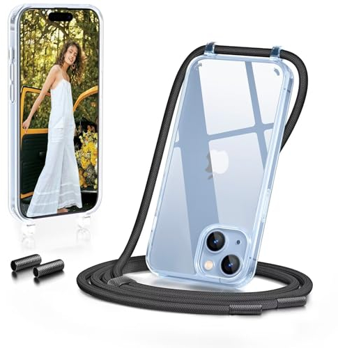 GOODVISH Handykette für iPhone 15 Hülle mit Band | Kameraschutz und Bildschirmschutz | | Necklace Handyhülle mit Schnur Schutzhülle für zum Umhängen | Transparent Case mit Kordel, Schwarz