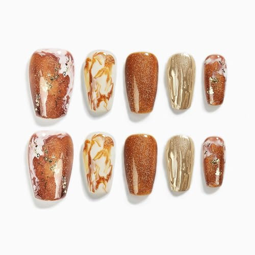 Sun&Beam Nails Handgefertigte Kunstnägel Kurz Sargform Ballerina Nägel zum Aufkleben in Gold Gelb Ombre Marmor Minimalistisch Design mit Klebepads 10 Stück (#134 XS)