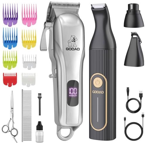 Gooad Dog Clippers for Grooming,Dog Grooming Kit for Heavy Thick Hair&Coats/Low Noise Rechargeable Cordless Pet Shaver with Paw Trimmer Nail Grinder/Hair Trimmer for Small & Large Cats