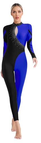 iEFiEL Damen Ganzkörper Turnanzug Langarm Gymnastikanzug Patchwork Glitzer Overall Strass Ballett Gymnastik Trikotanzug Leotards Blau M
