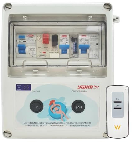 SWIMHOME Cuadro Eléctrico para Piscina Iluminación y Motor | Guardamotor y Transformador | Controlador ON/Off | Contactor para Clorador | 60W 12DC | Bomba de Agua 1CV 4-6.3A