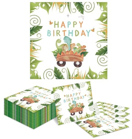 Kotkiddy 24 Servietten Dinosaurier für Kindergeburtstag - Tiere Blätter Grün - Waldtiere Geburtstag 33x33cm