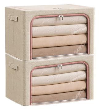Douzi 2 Pack Clothes Storage Boxes Closet Organizers and Storage, Foldable Cloth Steel Frame Box for Storing Bedding,Blankets-Khaki-22L