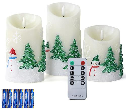 EXTSUD Lot de 3 Bougies LED Sans Flamme en Vraie Cire avec Gravure de Bonhomme de Neige et Sapin de Noël, Bougie Électrique à Piles avec Télécommande, Décoration pour Noël et Fêtes