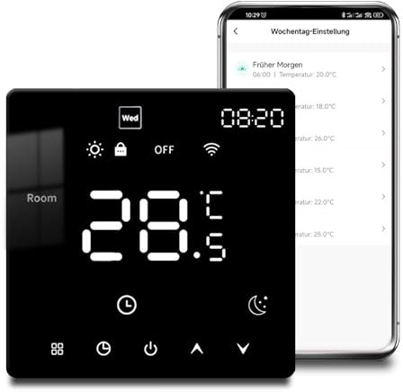 Arpokcoe WiFi Thermostat Fussbodenheizung für Wasser, Raumthermostat Fußbodenheizung Programmierbar, Thermostate Heizung kompatibel mit Alexa, Google Home, Tuya, 230V Schwarz
