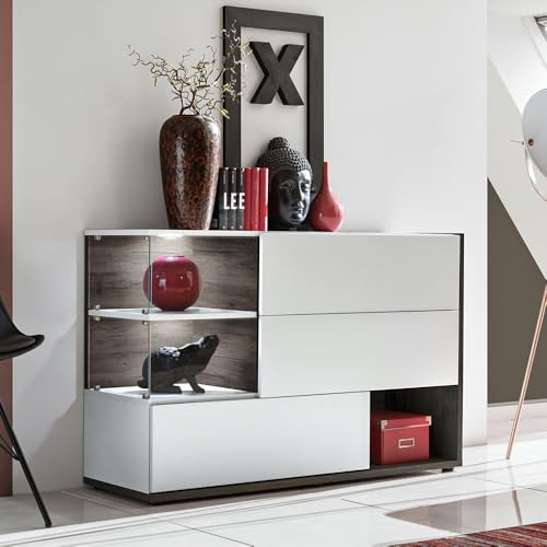 Sideboard Kommode Vitrinenschrank, 120cm breit, weiß Hochganz mit Ulme, Modern, inkl. LED-Beleuchtung