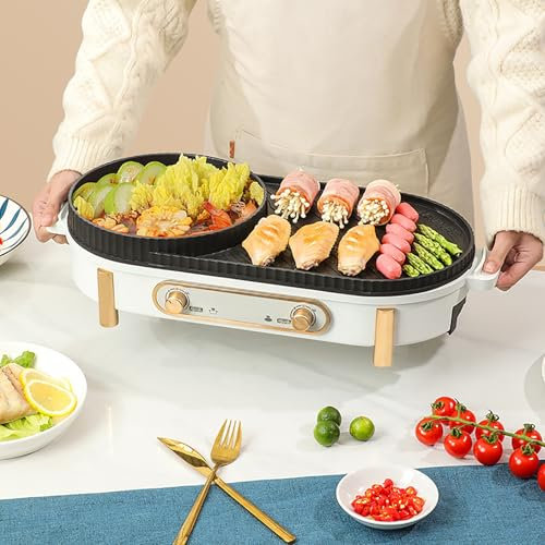 Gtzly Parrilla Electrica, Olla EléCtrica Multifuncional de 1700 W con Superficie Antiadherente, con Control de Temperatura Dual Separado for 3-6 Personas(White)