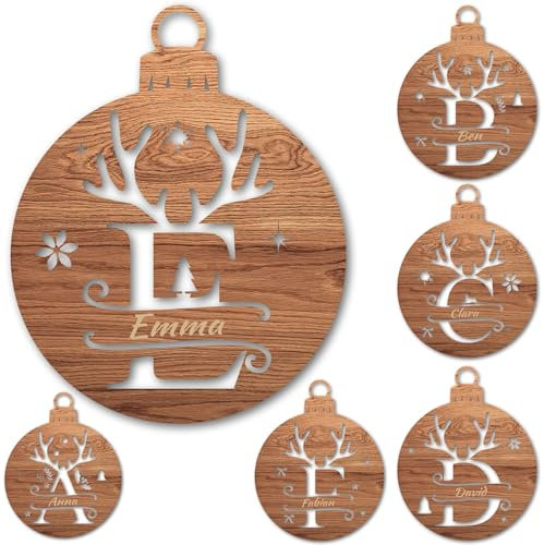 Urhome Weihnachtskugel personalisiert mit Namen Gravur Buchstabe A-Z mit Geweih Motiv Dunkel Braun - Ornament Christbaumschmuck Weihnachtsdeko Weihnachtsbaum Anhänger aus Holz
